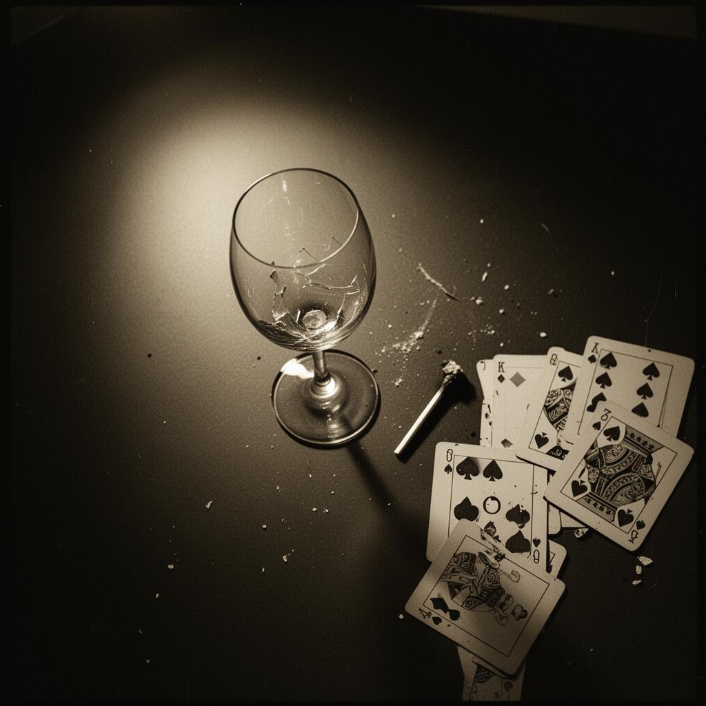 Evidence — broken glass, match, cards
